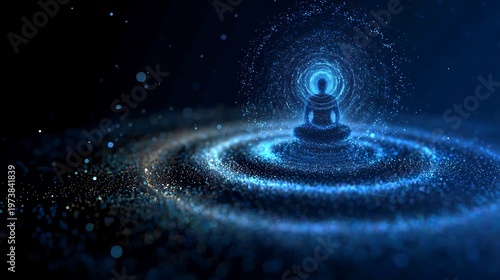 A serene illustration of a meditating figure radiating spiritual energy amidst a cosmic expanse. The artwork depicts a figure in a meditative pose, emitting waves of light.