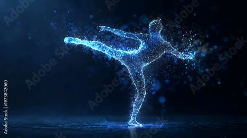 A vibrant visualization of a figure skater performing a graceful routine, created with radiant particles, shimmering with dynamic movement