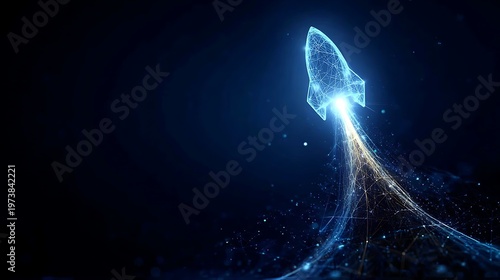 A stunning, digital rendering of a rocket ship soaring through space, leaving a trail of light. The image embodies the spirit of innovation and progress