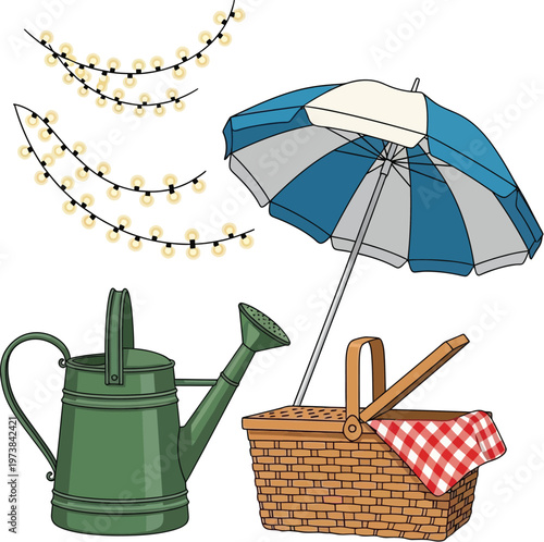 Summer vacation essentials beach day with picnic and gardening items