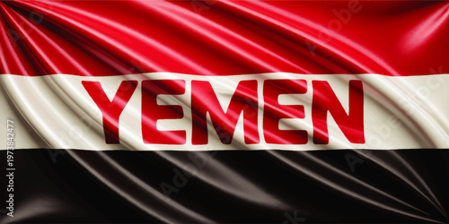 Yemen Flag Waving Fabric Background, Red White and Black National Banner with Textured Silk Folds and Patriotic Symbol