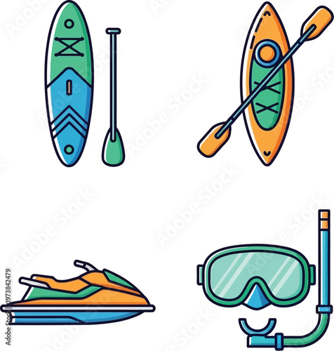 Water sports equipment collection paddleboards kayak jet ski and snorkel gear