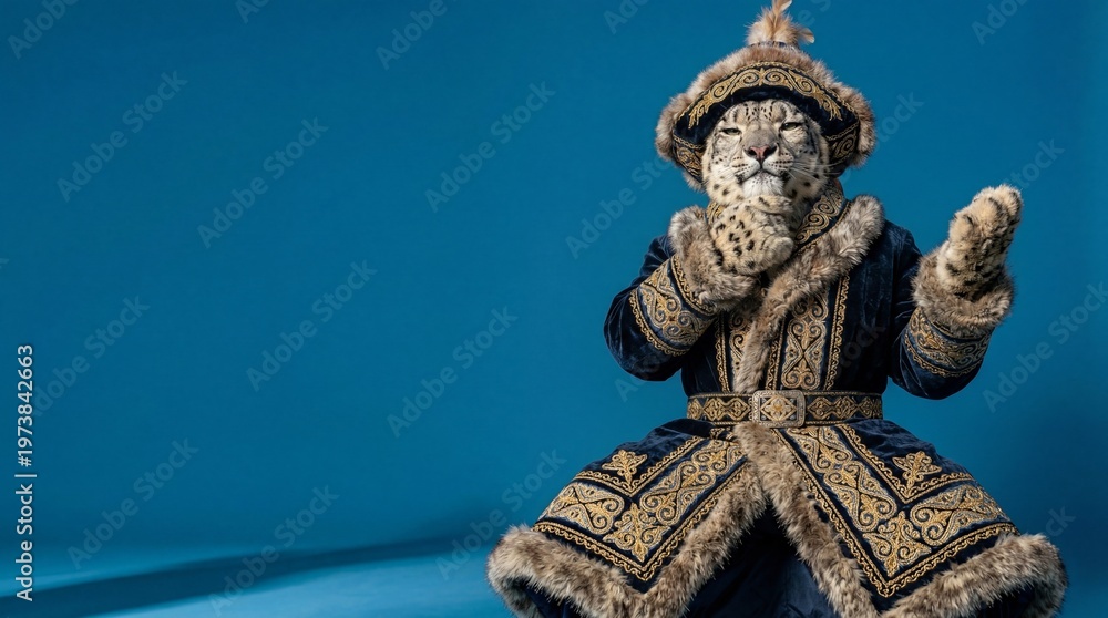 Fototapeta premium Snow Leopard Thinking in Traditional Fur Costume Surreal Banner