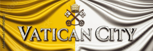 Vatican City flag with papal crown and crossed keys on waving silk fabric, elegant religious national symbol background