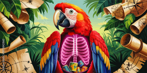 Vibrant scarlet macaw anatomy illustration in tropical jungle with glowing rib cage treasure maps and adventurous fantasy design