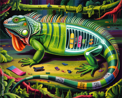 Surreal cyber iguana in tropical jungle with skateboard ribs, vibrant neon reptile fantasy illustration and urban street art