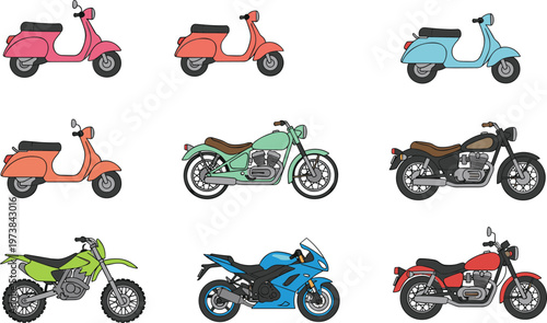 Colorful vector illustration of scooters and motorcycles symbolizing transportation, lifestyle, and diversity