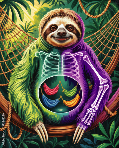 Colorful Sloth Anatomy Illustration in Jungle Hammock with Xray Skeleton View and Internal Hammocks Surreal Tropical Art