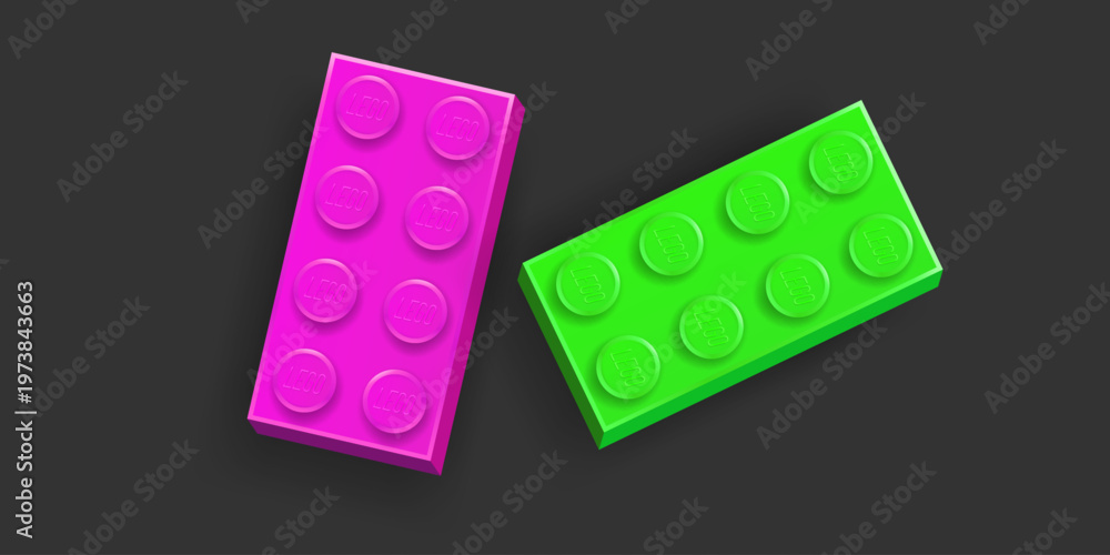 Obraz premium Realistic pink and green Lego plastik constructor parts 4x2 isolated on dark grey background. Vector editorial illustration