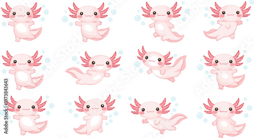 Colorful vector illustration of cute axolotls symbolizing whimsy, playfulness, and aquatic charm