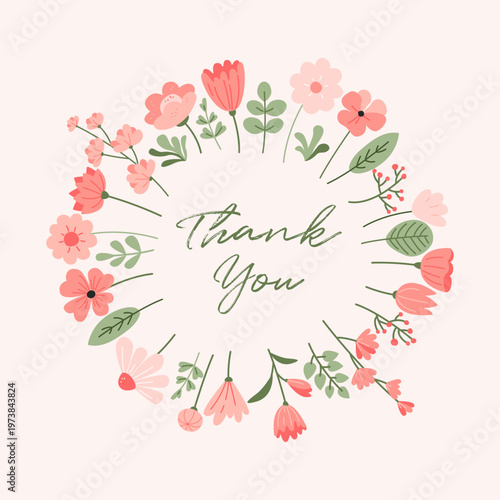 Delicate floral wreath with the words thank you inscribed. Spring, romantic illustration for cards, wedding, baby shower, invitations, prints. Vector illustration isolated