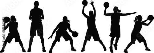 Female basketball player silhouette set featuring athletes dribbling, shooting, jumping, and defending for sports, fitness, competition, and healthy lifestyle themes.