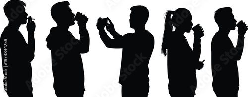 People silhouette set featuring men and women drinking coffee, smoking, and taking photos for lifestyle, social habit, and morning routine