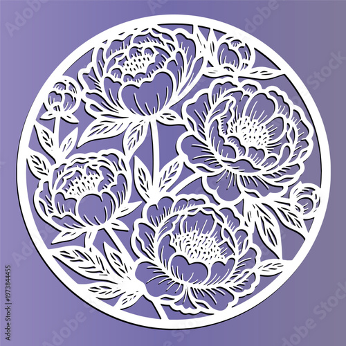 Peony flower pattern in round frame, laser cut design template. Decorative floral element for coaster, home decoration or stencil. Vector illustration
