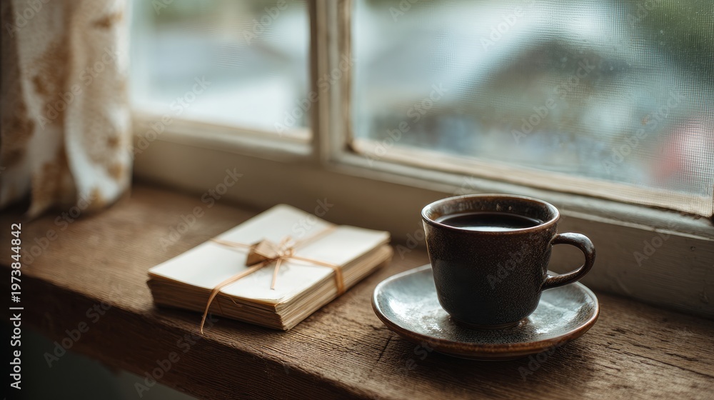 Fototapeta premium Coffee and notebook sit by the window inside.