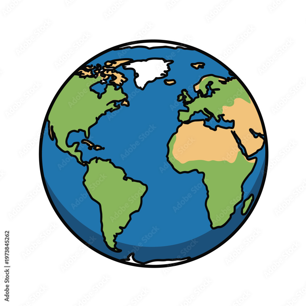Obraz premium The planet Earth is depicted as a cartoon globe showing continents and oceans.