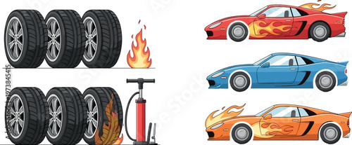 Car Tires and Sports Cars Illustration Set with Flame Effects Wheel Collection and Racing Vehicle Side View Automotive Design Elements