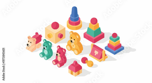 Colorful plastic toy blocks and animals.