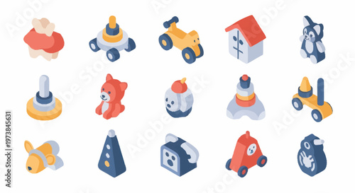 Colorful toy vehicles and objects.