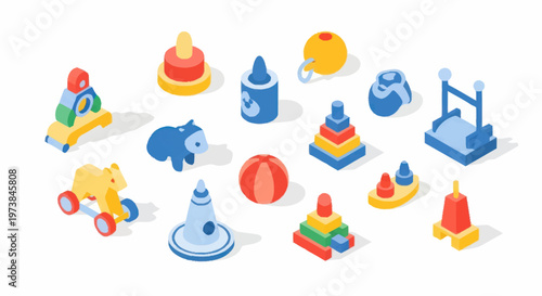 Colorful toy objects for children play.