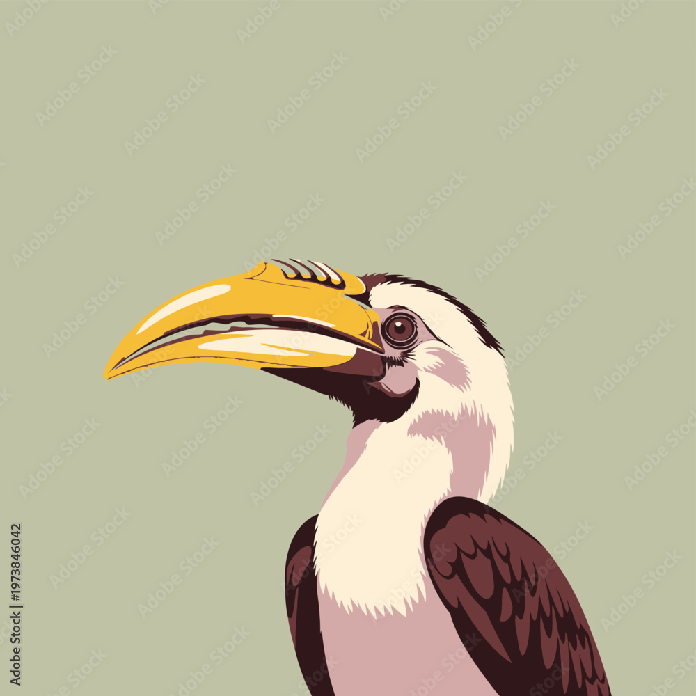 Obraz premium A close-up illustration of a hornbill bird against a pale green background.