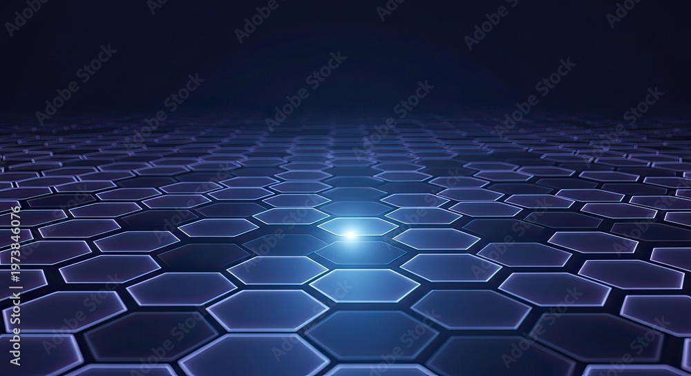 Fototapeta premium Futuristic Hexagonal Pattern, Abstract Technology, Digital Landscape, Graphic Design, Dark Environment, Aerial Viewpoint