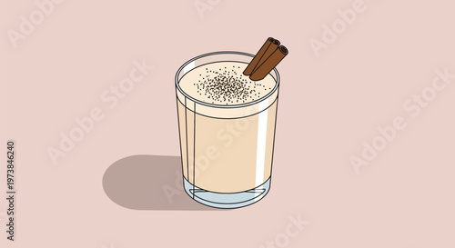 A creamy beverage with a cinnamon stick and nutmeg garnish sits in a glass.
