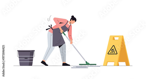 A person mops a wet floor next to a caution sign on a white background.