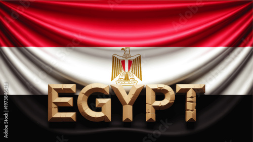 Egypt text in stone letters over waving Egyptian flag with eagle emblem, national patriotic banner illustration background