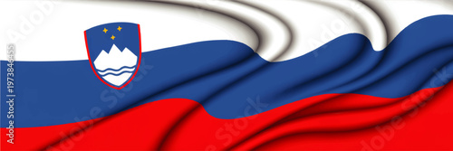 Abstract Waving Slovenia Flag Background with National Coat of Arms in Blue Red and White Silk Texture Design