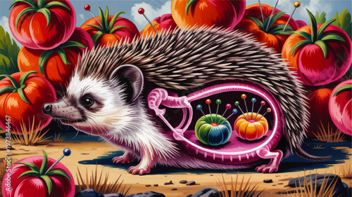 Surreal hedgehog anatomy illustration with sewing pins and colorful tomato pin cushions in a whimsical fantasy garden