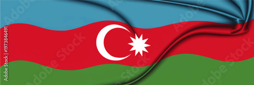 Abstract Wavy Azerbaijan Flag Background with Crescent and Star, Glossy Silk Texture in Blue Red Green National Banner