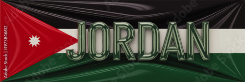 Jordan national flag with glossy 3D Jordan text, patriotic banner design in red black white green colors