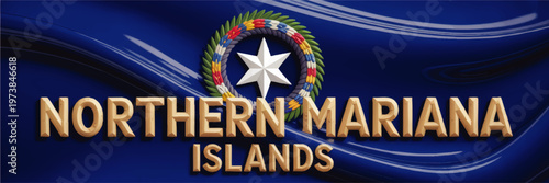 Northern Mariana Islands flag illustration with wooden text, blue waving fabric background and official emblem symbol