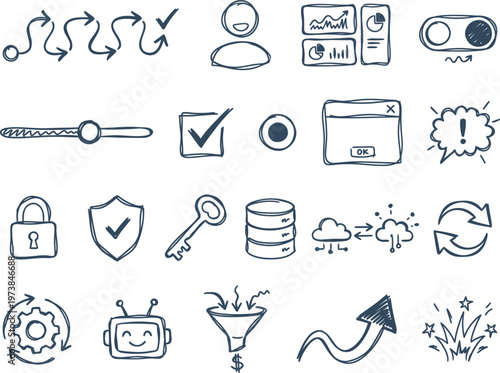 Cuadro en lienzo Hand drawn collection of business and technology icons featuring charts, arrows,