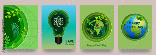 A set of Happy Earth Day, April 22 posters. Let s save the Earth and plants in cut-paper style. Templates for backgrounds, banners, cards, or posters with text. Vector illustration.