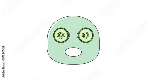 A green face mask with slices of kiwi over the eyes on a white background with a surprised expressio