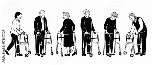 Elderly People Using Walkers Set, Senior Citizens Walking with Mobility Aids, Nursing Home Patients Line Art Collection, Vector Illustration of Older Adults Exercising Independence and Healthcare Supp