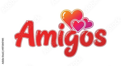 A colorful logo featuring the word Amigos with hearts amigos logo colorful text studio shot close up