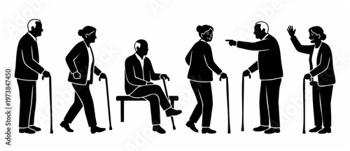 Elderly People Silhouettes Set, Senior Citizens With Walking Sticks, Active Seniors Character Collection, Retirement Lifestyle Icons, Vector Illustrations Of Older Men And Women In Various Poses Isola