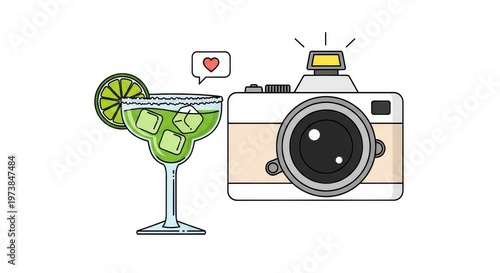 A cartoon drawing of a cocktail next to a camera with a heart above it on a plain white background w