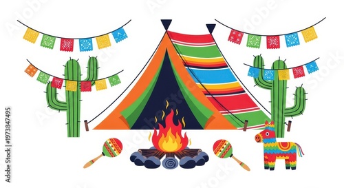 a colorful tent and cacti with a campfire and a donkey outdoor scene festive atmosphere colorful ten