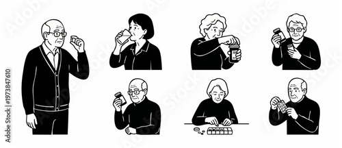 Elderly people taking medication set, seniors with pills and medicine bottles, health care and medical treatment concept, outline illustration collection for pharmacy and senior wellness information g