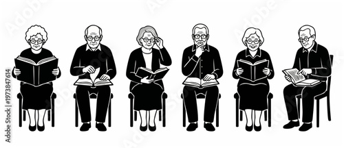 Senior People Reading Books Collection, Elderly Men and Women Sitting on Chairs, Black and White Line Art Icons of Pensioners Studying, Learning and Enjoying Literature in Retirement Concept Vector Se