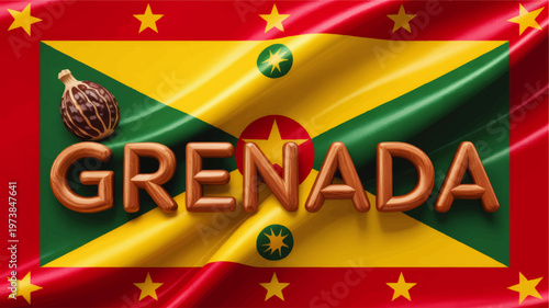 Grenada Flag Illustration with Glossy Fabric Texture, Nutmeg Symbol and Bold Wooden Typography in Vibrant Caribbean Colors