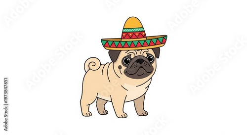 A cartoon pug dog wearing a colorful sombrero on its head standing alone adorable animal colorful ha