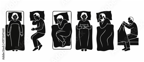 Elderly People Sleeping Positions Set, Senior Man and Woman Resting in Bed, Different Bedtime Poses, Insomnia and Sleep Hygiene Concept, Bedtime Routine Icons, Vector Illustrations for Healthcare Desi