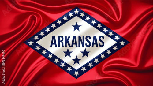Arkansas State Flag on Flowing Silk Fabric Background, Patriotic Red White Blue Banner with Stars and Diamond Emblem