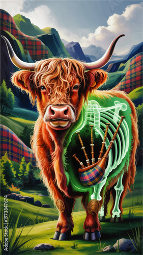 Surreal Highland Cow with Bagpipes and Glowing Skeleton in Scottish Tartan Landscape, Fantasy Celtic Digital Art