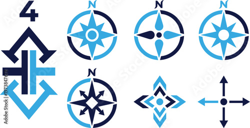 Collection of compasses arrow symbols and number 4 in blue and dark blue.
